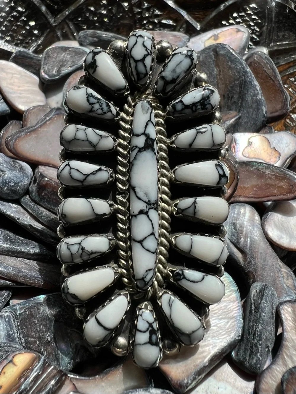 Davina Benally Navajo White Buffalo Sterling Silver Cluster Ring Sz 9.75